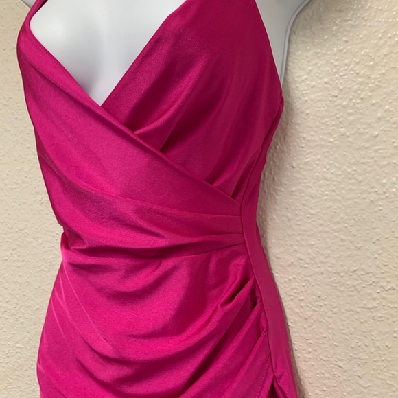 Celeb Hot Pink Wrap Mini Dress Women’s Size S Ruched Spaghetti Strap Party - Picture 4 of 8